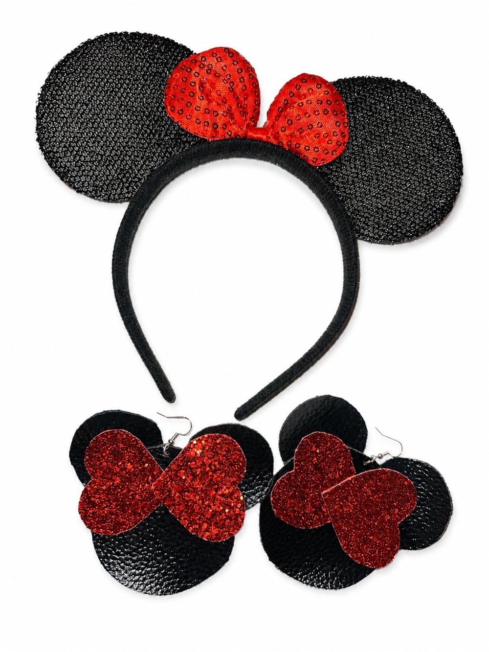 Black & Red Minnie-Style Headband with Matching Earrings